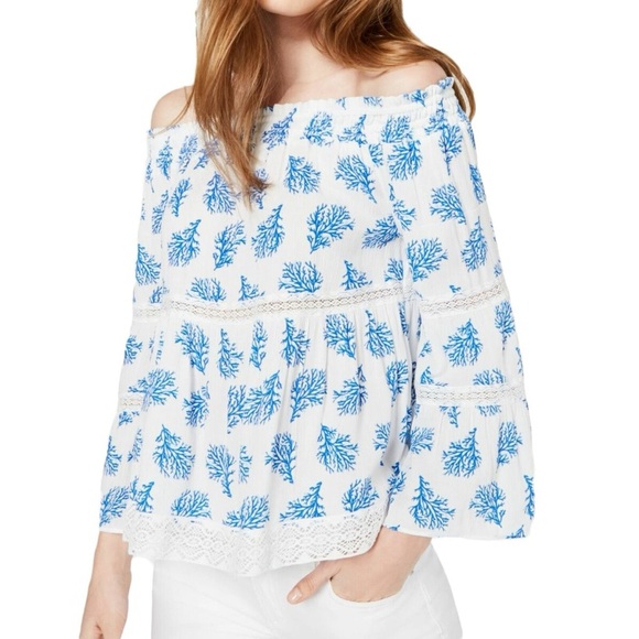 MICHAEL Michael Kors White and Blue Coral Pattern Blouse - Picture 1 of 5